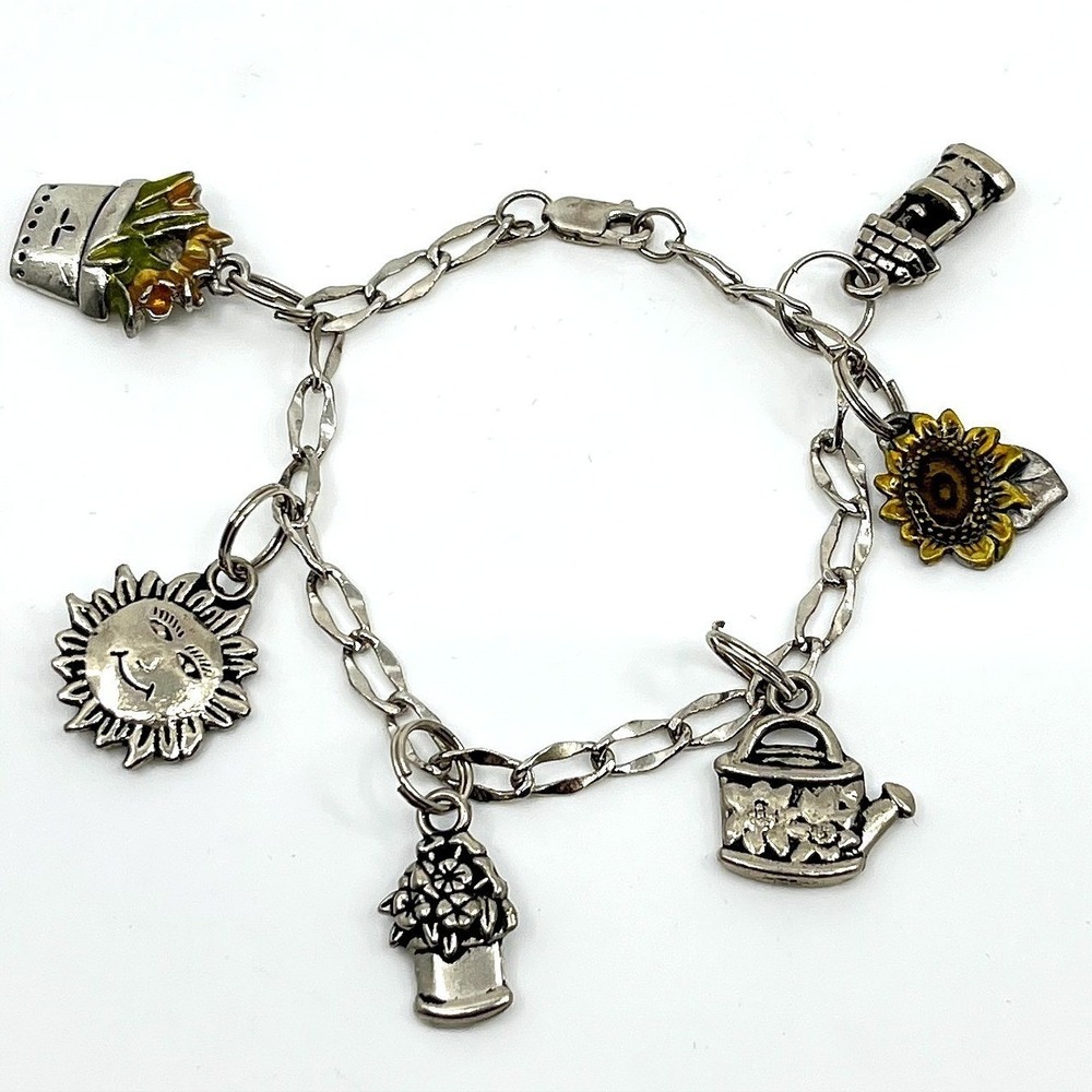 Vintage Silver Tone Garden Charm Bracelet Sunflower Sun Watering Can‎ Retro 7"